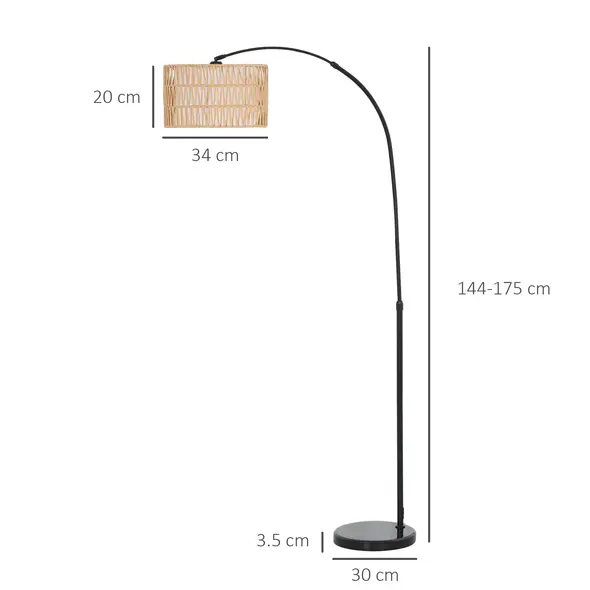 HOMCOM Rattan Floor Lamp for Living Room, Farmhouse Arc Standing Lamp with Dual-Layer Shade & Foot Switch, Height Adjustable Minimalist Tall Pole Lampshade for Bedroom, Office, Black - 2
