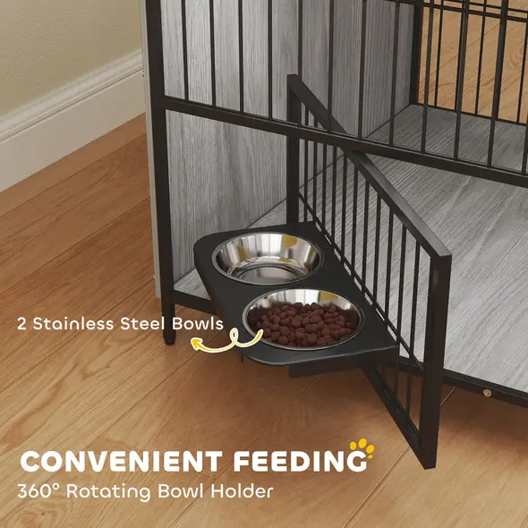 PawHut Dog Crate Furniture with Rotating Bowl Holder, 2 Bowls, 2 Doors, for Medium Dogs, 80 x 56 x 76.5 cm, Grey - 4