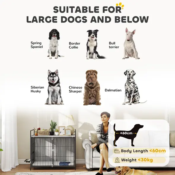 PawHut Large Dog Crate Furniture with Rotating Bowl Holder, 2 Bowls, 2 Doors, for Large Dogs, 100 x 60 x 88 cm, Grey - 6