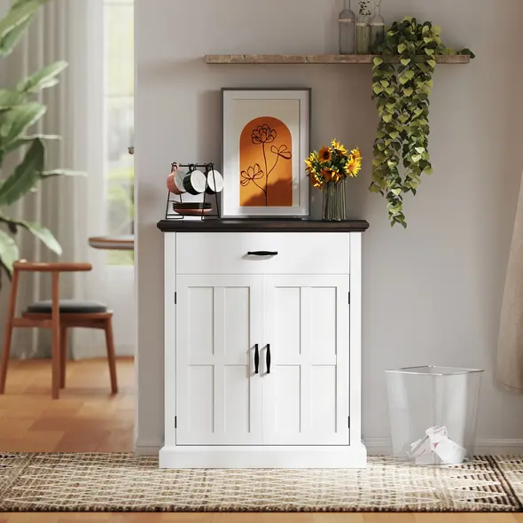 HOMCOM Farmhouse Sideboard with 3 cm Thick Top 2 Barn Doors - White - 8