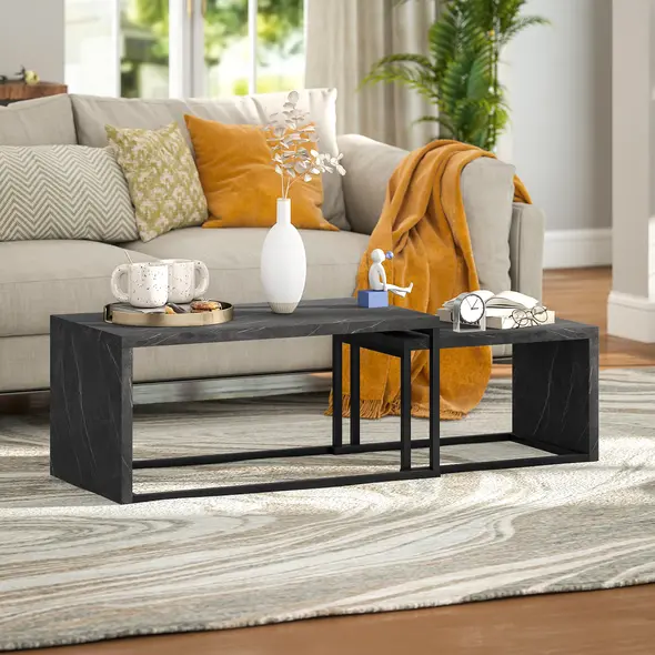 HOMCOM Nesting Coffee Table Set of 2, Industrial Stacking Side End Tables with Metal Frame for Living Room, Bedroom, Dark Grey Marble Effect - 1