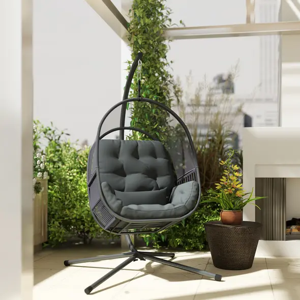 Outsunny Hanging Egg Chair, with Cushion - Dark Grey - 8