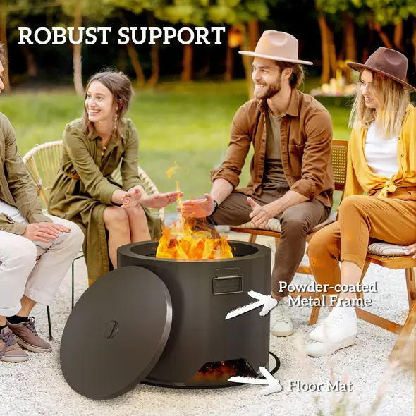Outsunny Outdoor Round Fire Pit with Lid and Fire Poker - Black - 4