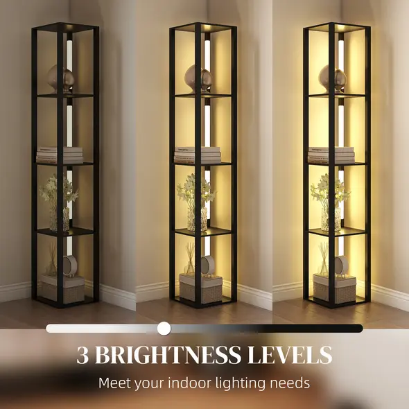 HOMCOM LED Floor Lamp with Shelves, Modern Dimmable Standing Lamp with 3 Brightness Levels and Foot Switch for Living Room, Bedroom, Office, Black - 4