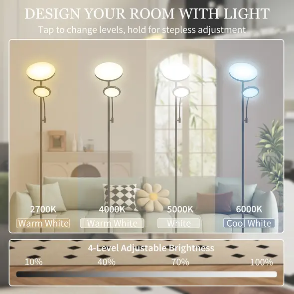 HOMCOM LED Floor Lamp for Living Room, Stepless Dimmable Standing Lamp, Mother and Child Uplighter with Reading Light, 4 Scene Modes, 2700K-6500K Colour Temps, 4 Brightness Levels, Remote Control - 4