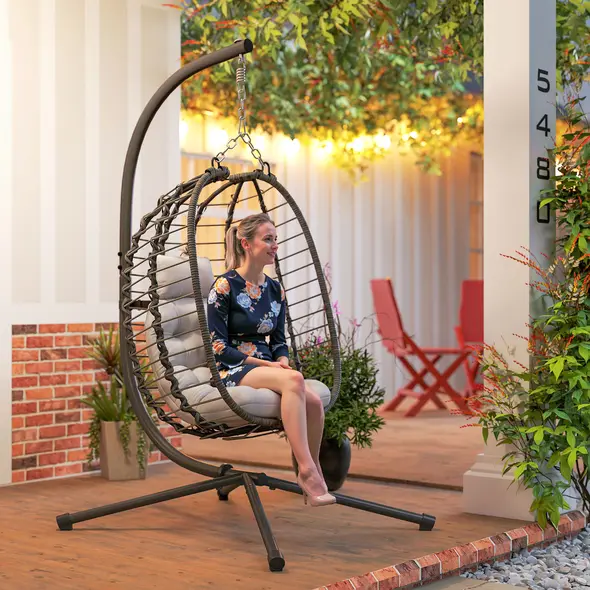 Outsunny Rattan Hanging Egg Chair, Foldable Wicker Hammock Swing Chair with Cushion, Stand, Adjustable Height, Head Pillow, Steel Frame for Garden Patio Indoor Outdoor, Light Grey - 7