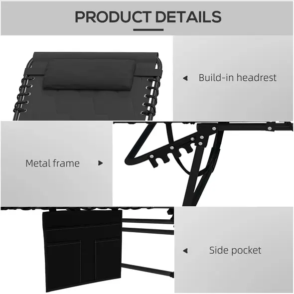 Outsunny Set of Two Sun Loungers, with Five-Position Reclining Backs - Black - 4
