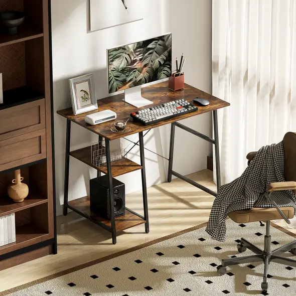 HOMCOM Industrial-Style Work Desk, with Shelves - Brown/Black - 7