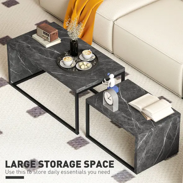 HOMCOM Nesting Coffee Table Set of 2, Industrial Stacking Side End Tables with Metal Frame for Living Room, Bedroom, Dark Grey Marble Effect - 3