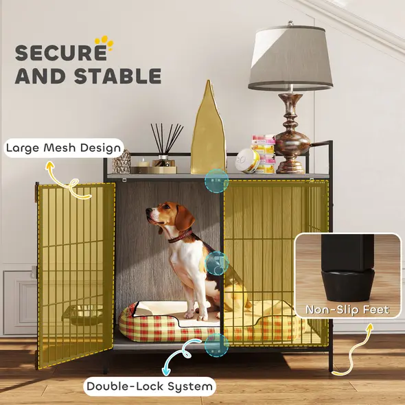 PawHut Dog Crate Furniture with Rotating Bowl Holder, 2 Bowls, 2 Doors, for Medium Dogs, 80 x 56 x 76.5 cm, Grey - 5