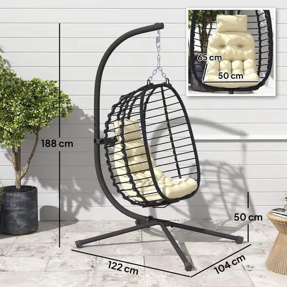 Outsunny Rattan Hanging Egg Chair, Foldable Wicker Hammock Swing Chair with Cushion, Stand, Adjustable Height, Head Pillow, Steel Frame for Garden Patio Indoor Outdoor, Cream White - 2