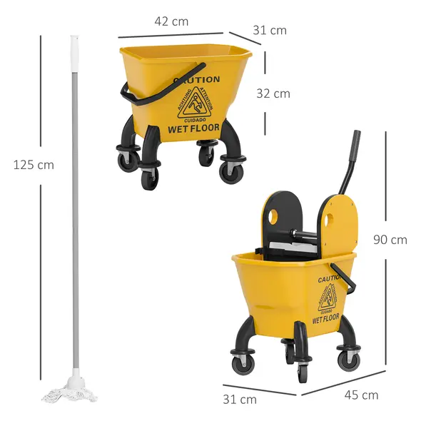 HOMCOM 26 Litre Mop Bucket, with Wringer and Mop - Yellow - 2