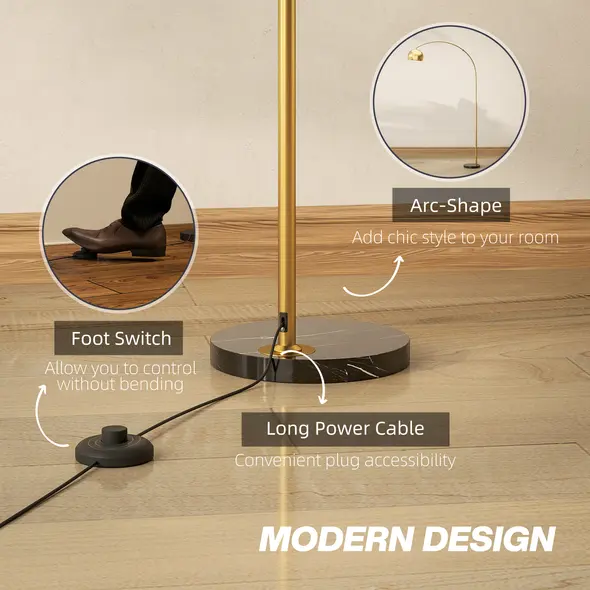 HOMCOM 167cm Arc Floor Lamp for Living Room, Modern Adjustable Standing Lamp with Foot Switch, Faux Black Marble Base and Bell Shade for Home Offices, Bedrooms, Gold Tone - 3