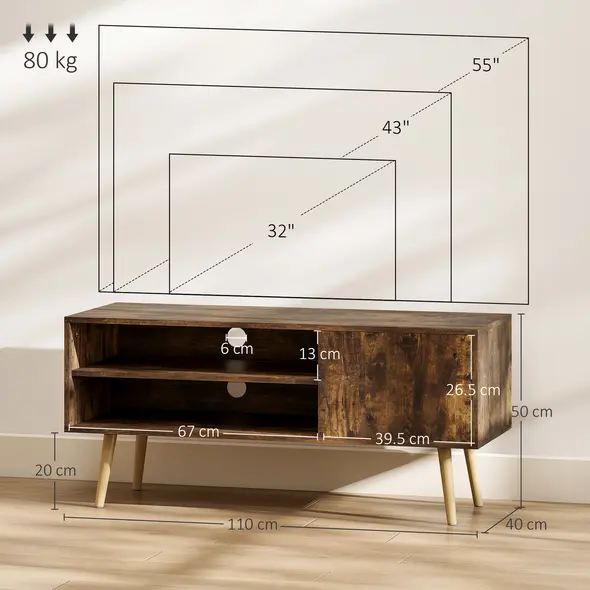HOMCOM TV Stand up to 55 Inches, TV Unit with Open Shelves and Cable Holes - Brown - 2
