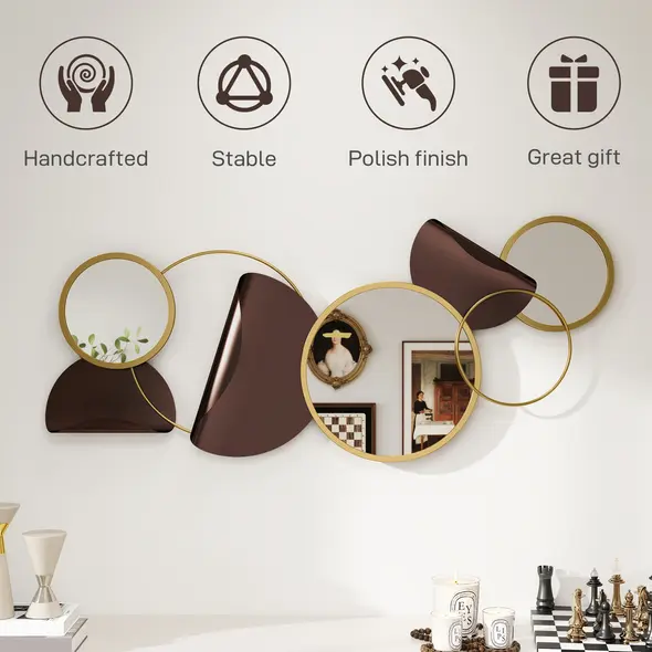 HOMCOM Metal Wall Art, Modern Decorative Mirror Decor, Hanging Home Wall Decoration for Living Room Bedroom Dining Room, Gold Tone - 5