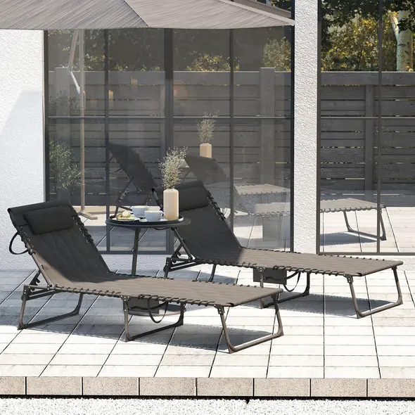 Outsunny Set of Two Sun Loungers, with Five-Position Reclining Backs - Black - 8