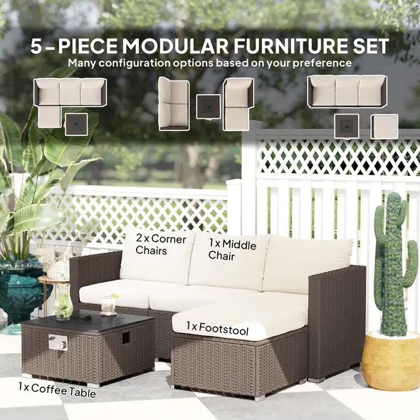 Outsunny Five Piece Rattan Garden Furniture Set with Gas Fire Pit Table and Footstool - Brown and Cream White - 3