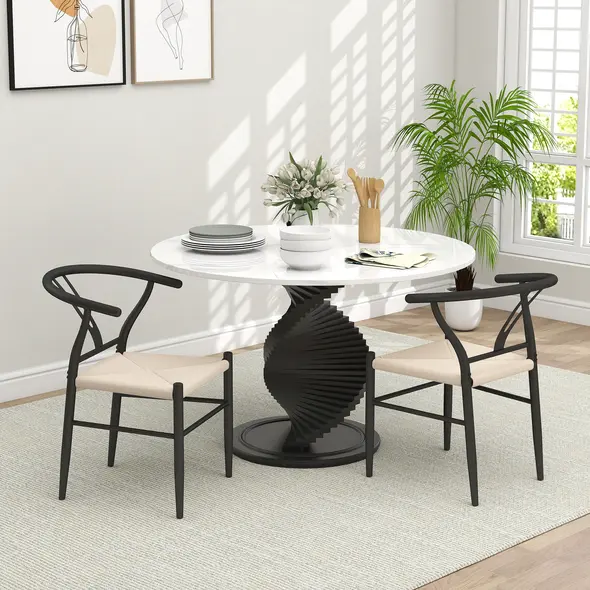 HOMCOM Set of Two Weave Dining Chairs with Y-Shaped Backrest Hemp Seat - Black/Beige - 1