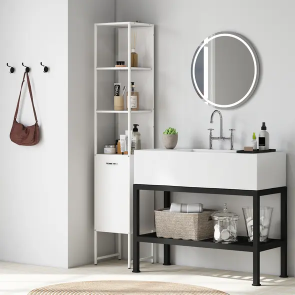 HOMCOM Tall Bathroom Cabinet with Open Shelves and Adjustable Shelf - White - 1