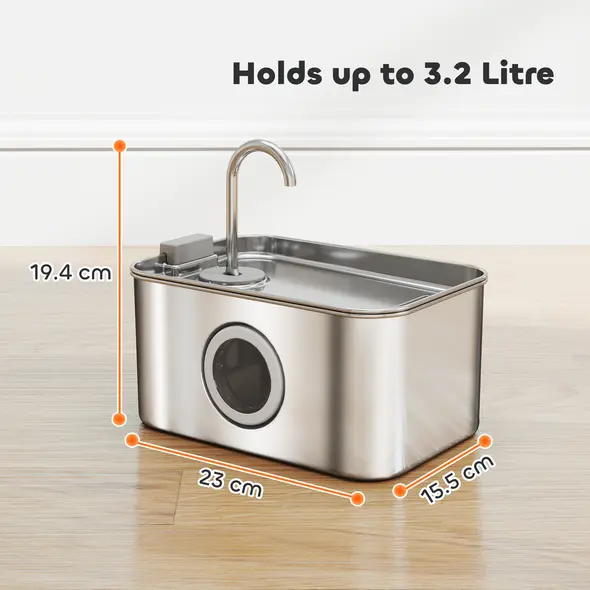 PawHut 3.2L Cat Water Fountain for Drinking, Cat Fountain Stainless Steel with Visible Water-Level Window, Ultra-Silent Pump - 2