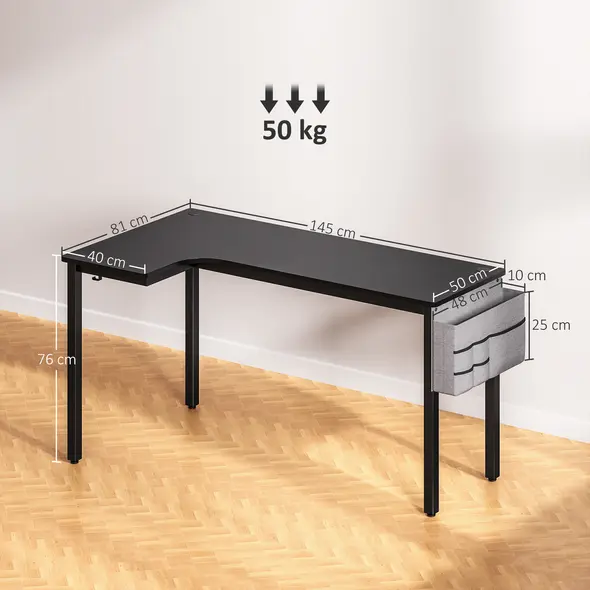 HOMCOM L-Shaped Computer Gaming Desk with Fabric Bag, Hooks and Cable Management, 145 x 81 x 76cm - Black - 2