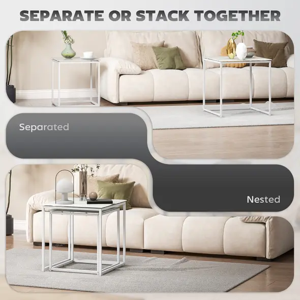 HOMCOM Nest of Tables, Set of 2 Coffee Table, Side Tables with Tempered Glass Desktop and Metal Frame for Living Room, Bedroom, Office, White - 3