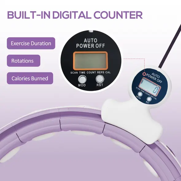SPORTNOW Smart Weighted Hula Hoop, Massage Hula Ring w/ 16 Detachable Knots, 360° Auto-Rotating Ball, Digital Counter, Purple - 5