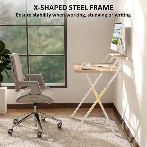 HOMCOM 70 cm Folding Computer Desk with Monitor Shelf - Natural Wood Finish - 5