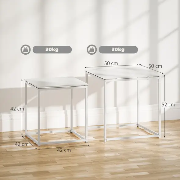 HOMCOM Nest of Tables, Set of 2 Coffee Table, Side Tables with Tempered Glass Desktop and Metal Frame for Living Room, Bedroom, Office, White - 2