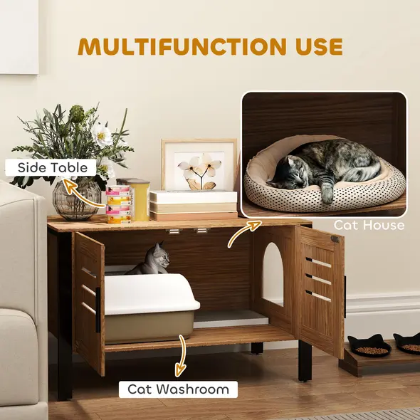 PawHut Cat Litter Box Enclosure with Tall Legs, Scratching Board, Double Doors, Ventilation Holes, 80 x 45 x 50 cm, Dark Brown - 3