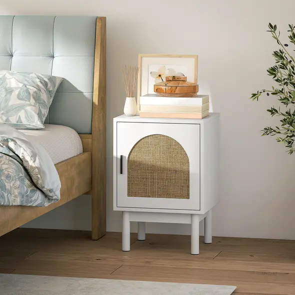 HOMCOM Rattan Bedside Table for Bedroom - White - 1