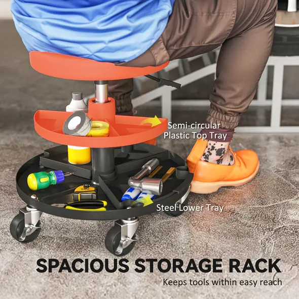 HOMCOM Rolling Mechanic Stool, 135kg Capacity Workshop Stool, 360° Swivel Roller Padded Creeper Seat with Wheels, Tool Trays Storage for Garage, Shop, Auto Repair, Yellow - 7