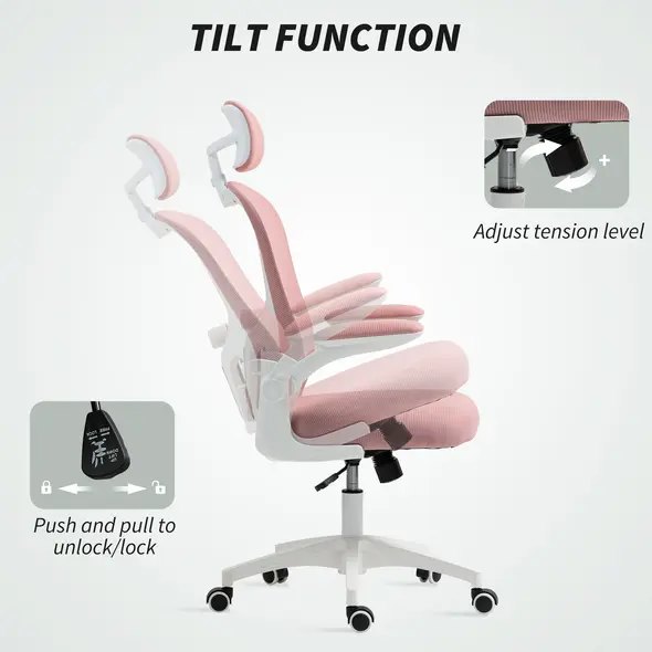 Vinsetto Multi-Adjustable Office Chair, with Lumbar Support, Headrest and Mesh Back - Pink - 4