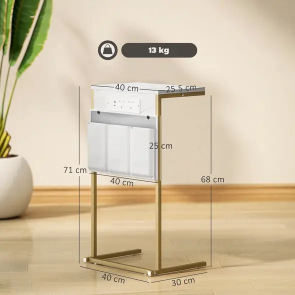 HOMCOM C-Shaped Bedside Table with Charging Station, Marble Grain Side Table with Power Outlets & USB Ports, Storage Bags, for Bedroom, Living Room, White - 2