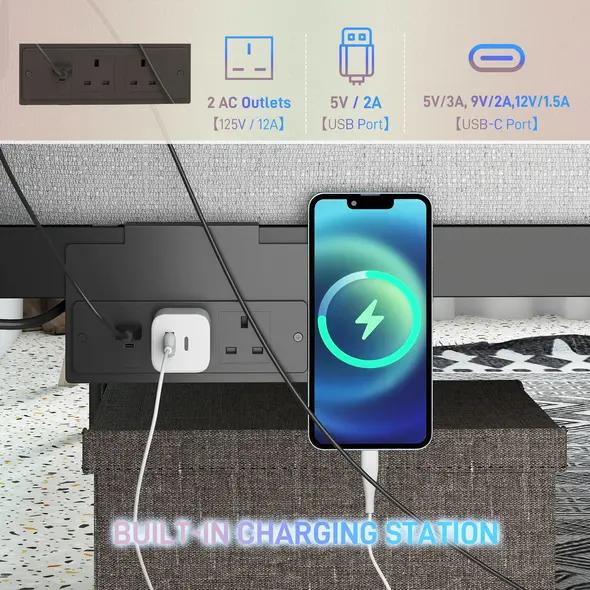 HOMCOM King Bed Frame with LED Lights and Charging Station, Metal Platform Bed Frame with Under Bed Storage, Black - 4