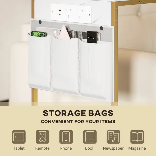 HOMCOM C-Shaped Bedside Table with Charging Station, Marble Grain Side Table with Power Outlets & USB Ports, Storage Bags, for Bedroom, Living Room, White - 5