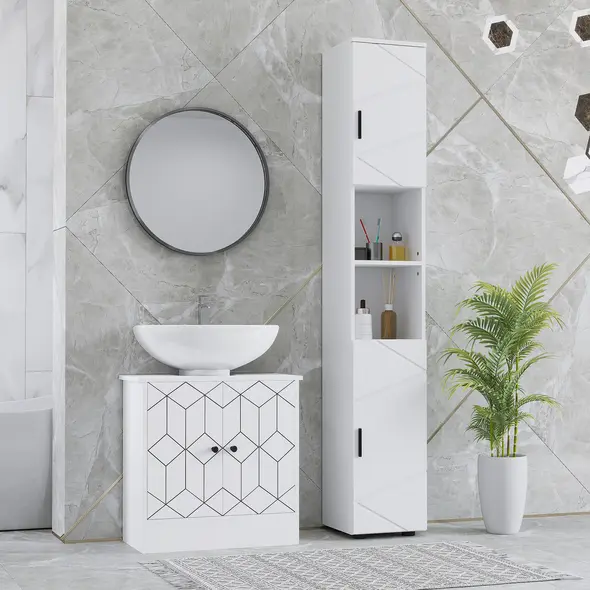 kleankin Line Embossed Tall Bathroom Storage Cabinet - White - 1