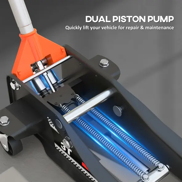 HOMCOM 3 Ton Hydraulic Low-Profile Floor Jack, with 7.5-50.5cm Lifting Range, Wheels, Orange - 6