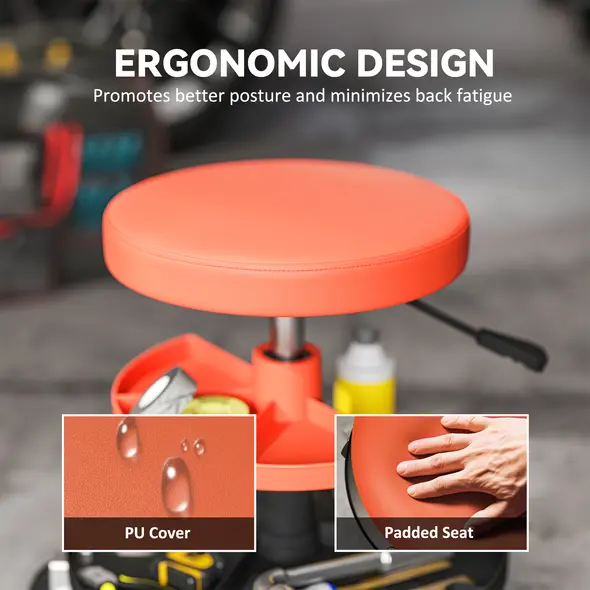 HOMCOM Rolling Mechanic Stool, 135kg Capacity Workshop Stool, 360° Swivel Roller Padded Creeper Seat with Wheels, Tool Trays Storage for Garage, Shop, Auto Repair, Yellow - 5