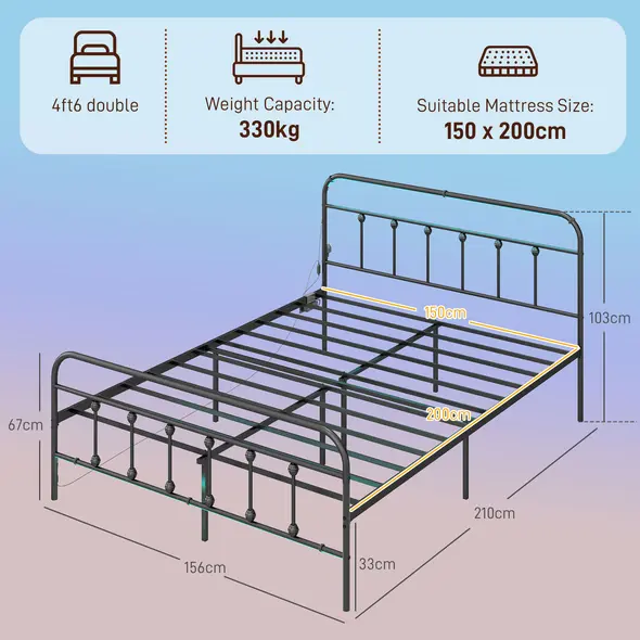 HOMCOM King Bed Frame with LED Lights and Charging Station, Metal Platform Bed Frame with Under Bed Storage, Black - 2