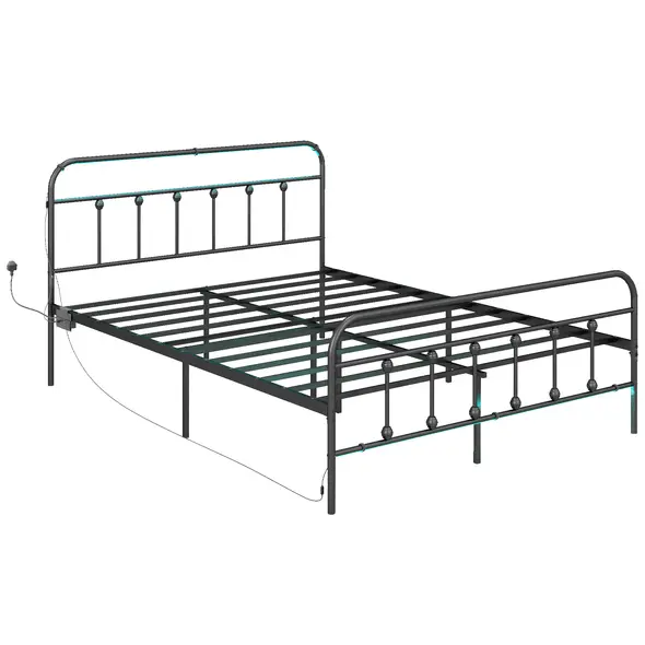 HOMCOM King Bed Frame with LED Lights and Charging Station, Metal Platform Bed Frame with Under Bed Storage, Black - 1