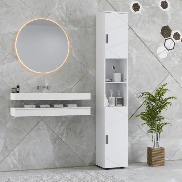 kleankin Line Embossed Tall Bathroom Storage Cabinet - White - 6