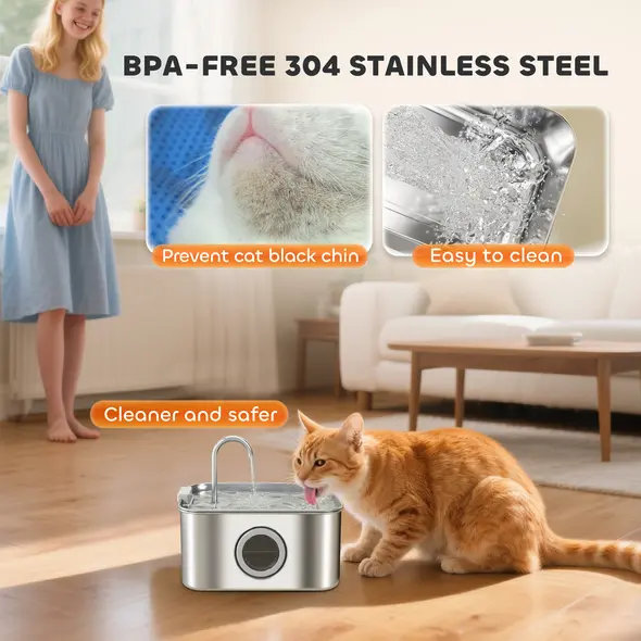PawHut 3.2L Cat Water Fountain for Drinking, Cat Fountain Stainless Steel with Visible Water-Level Window, Ultra-Silent Pump - 3