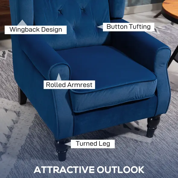 HOMCOM Wingback Accent Chair, Retro Upholstered Button Tufted Occasional Chair for Living Room and Bedroom, Blue - 3