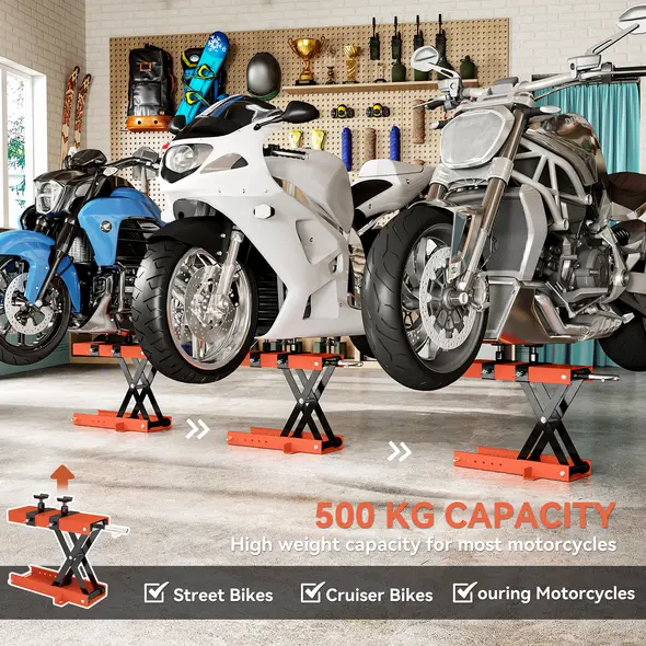 HOMCOM 500 kg Motorcycle Scissor Lift Jack, Heavy Duty Steel Adjustable Motorbike Lifting Hoist Stand with Safety Pin, Foldable Lifter for Dirt Bike Repair Maintenance, 45x15 cm Large Platform, Orange - 4