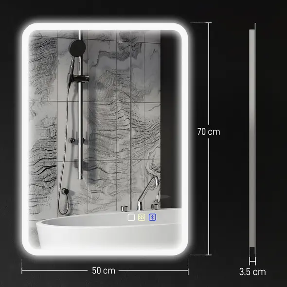 HOMCOM 70 x 50cm LED Bathroom Mirror, with Bluetooth - Silver Tone - 2