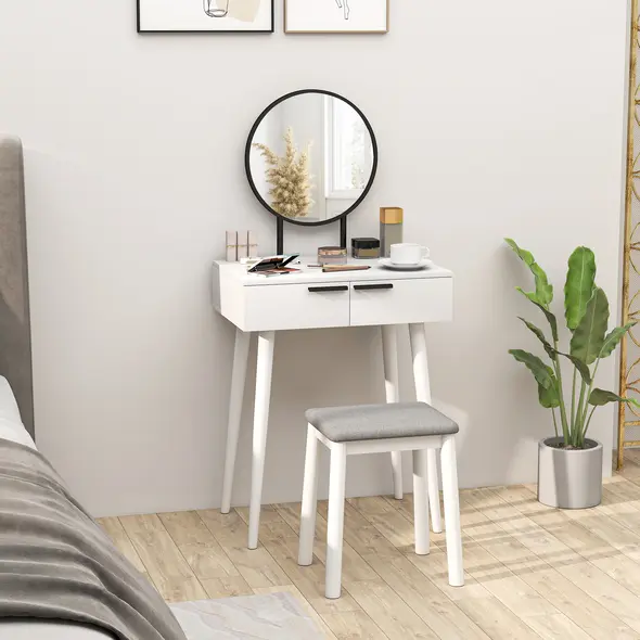 HOMCOM Modern Dressing Table with Round Mirror and Stool, Makeup Vanity Table with 2 Drawers for Bedroom, Living Room, 60 x 40 x 123 cm, White - 1