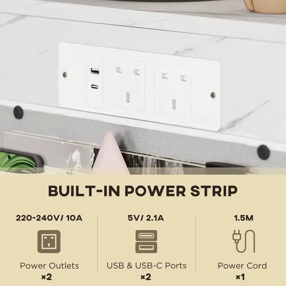 HOMCOM C-Shaped Bedside Table with Charging Station, Marble Grain Side Table with Power Outlets & USB Ports, Storage Bags, for Bedroom, Living Room, White - 3