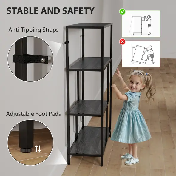 HOMCOM 4-Tier Bookshelf with Open Shelves - Charcoal Grey - 4