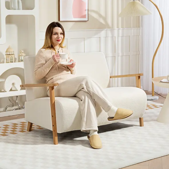 HOMCOM Small Sherpa Fabric 2 Seater Sofa Settee - Cream White - 1